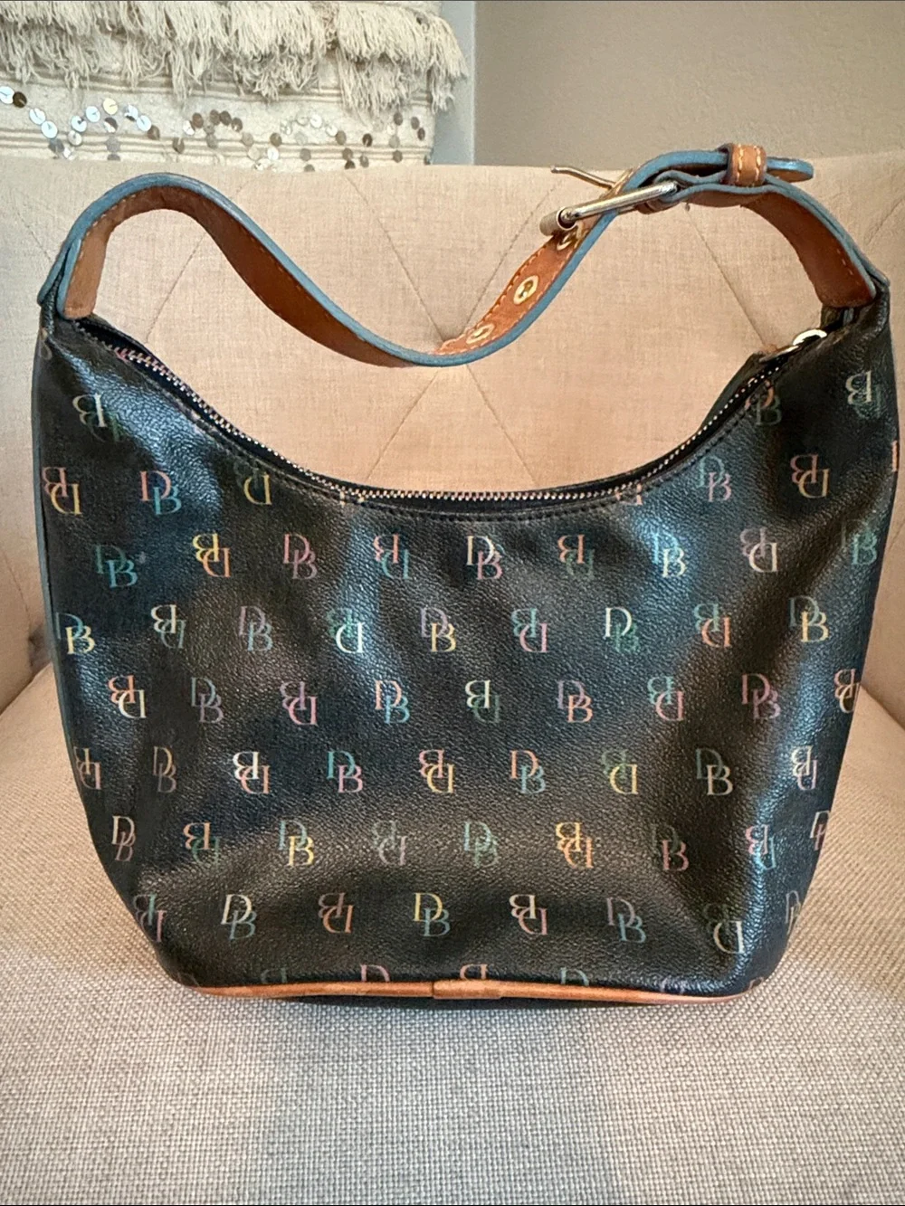 Dooney & Bourke Black Rainbow DB Logo Leather Hobo